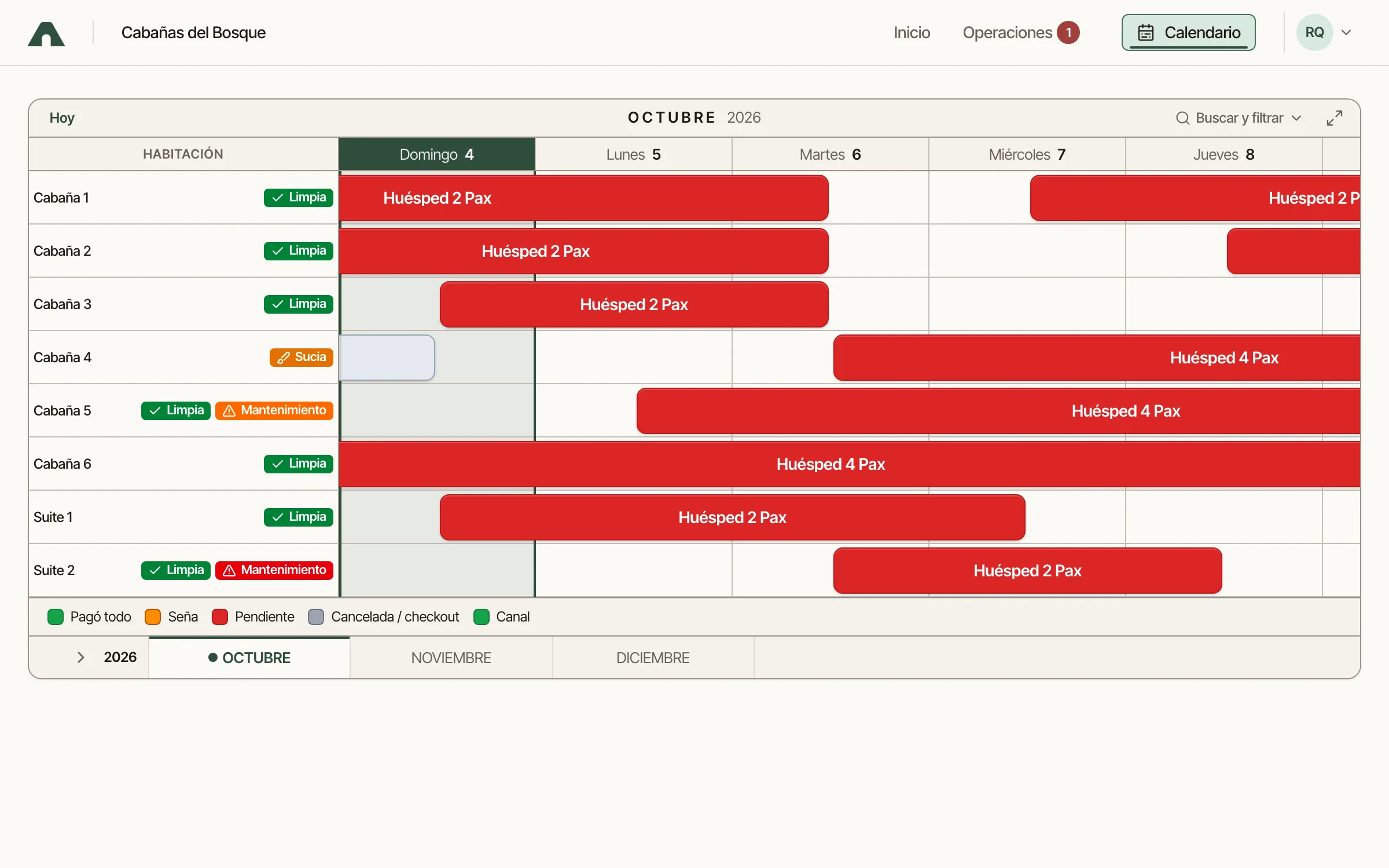 Calendario de la mucama, con las reservas sin datos del huésped