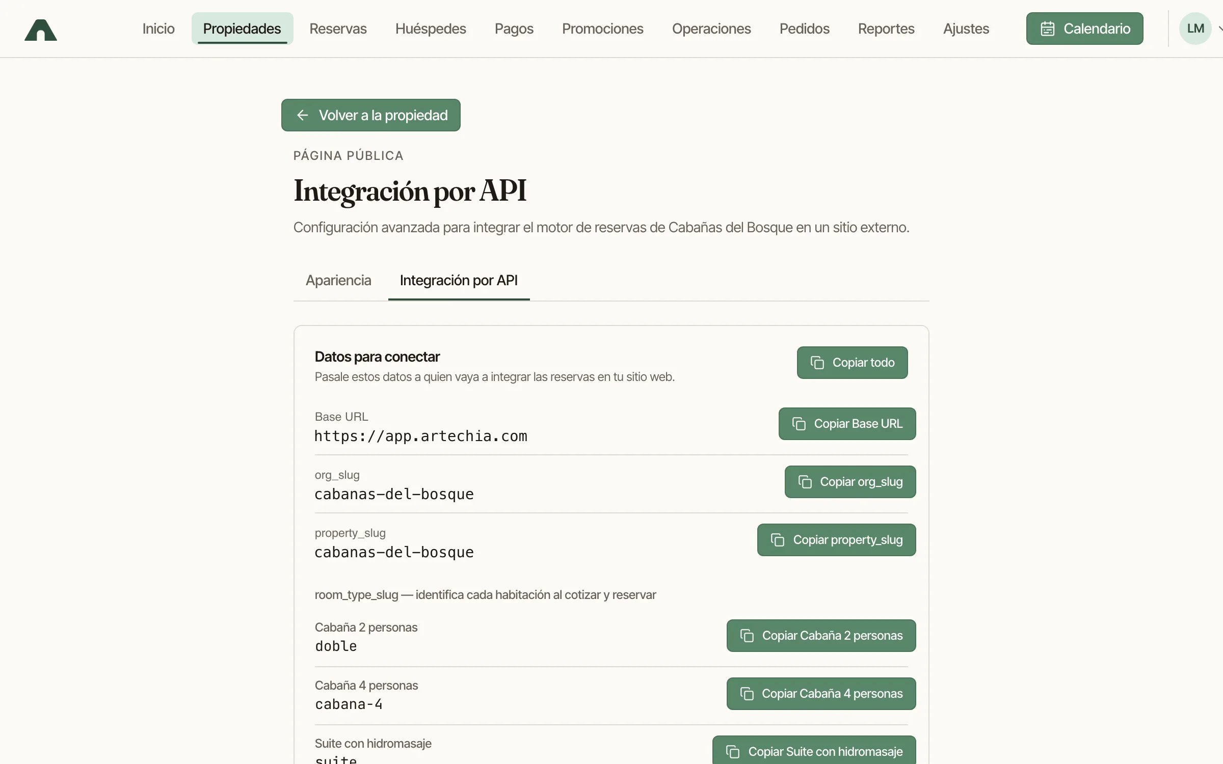 Configuración de la API del alojamiento