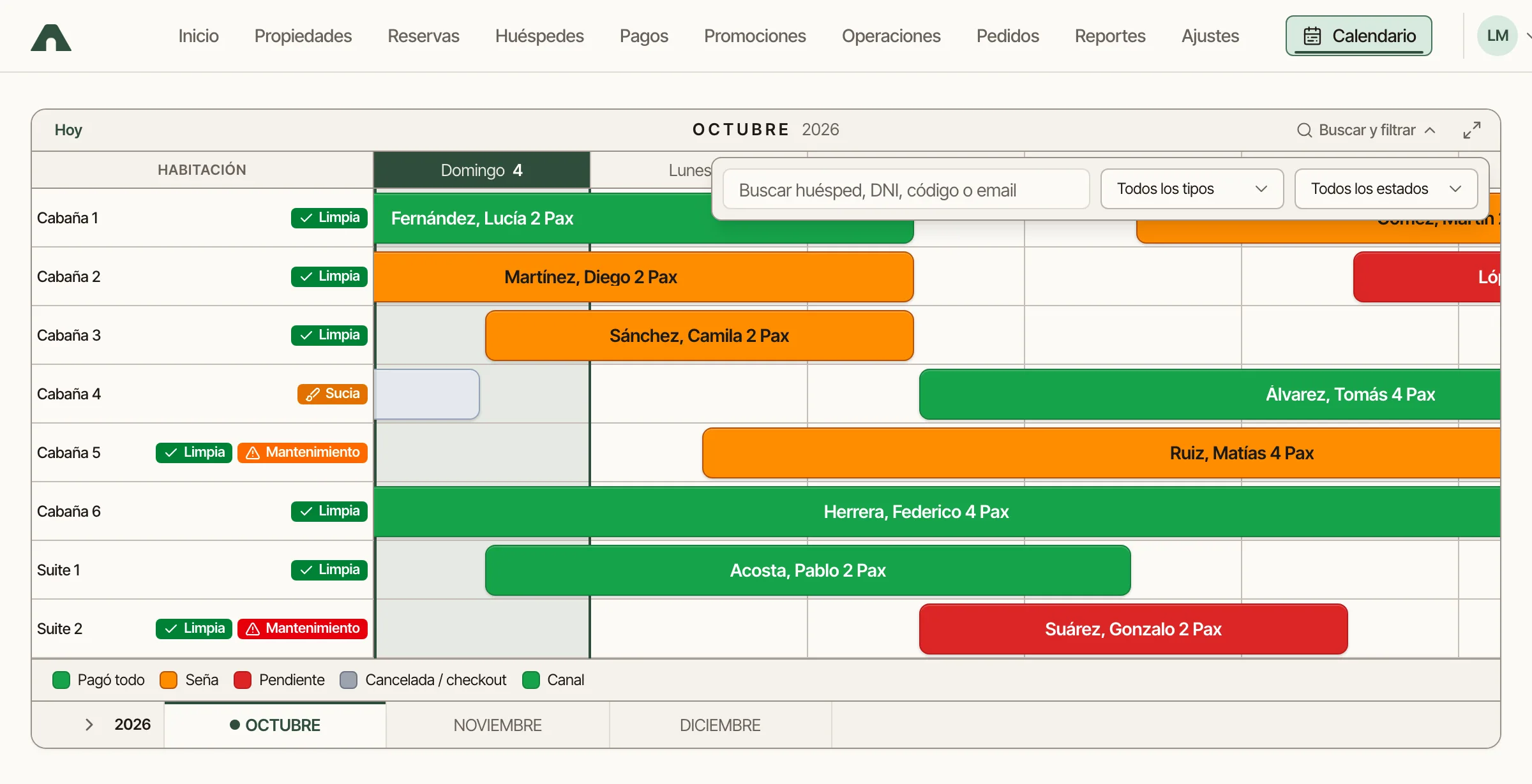 Panel de búsqueda y filtros sobre el calendario