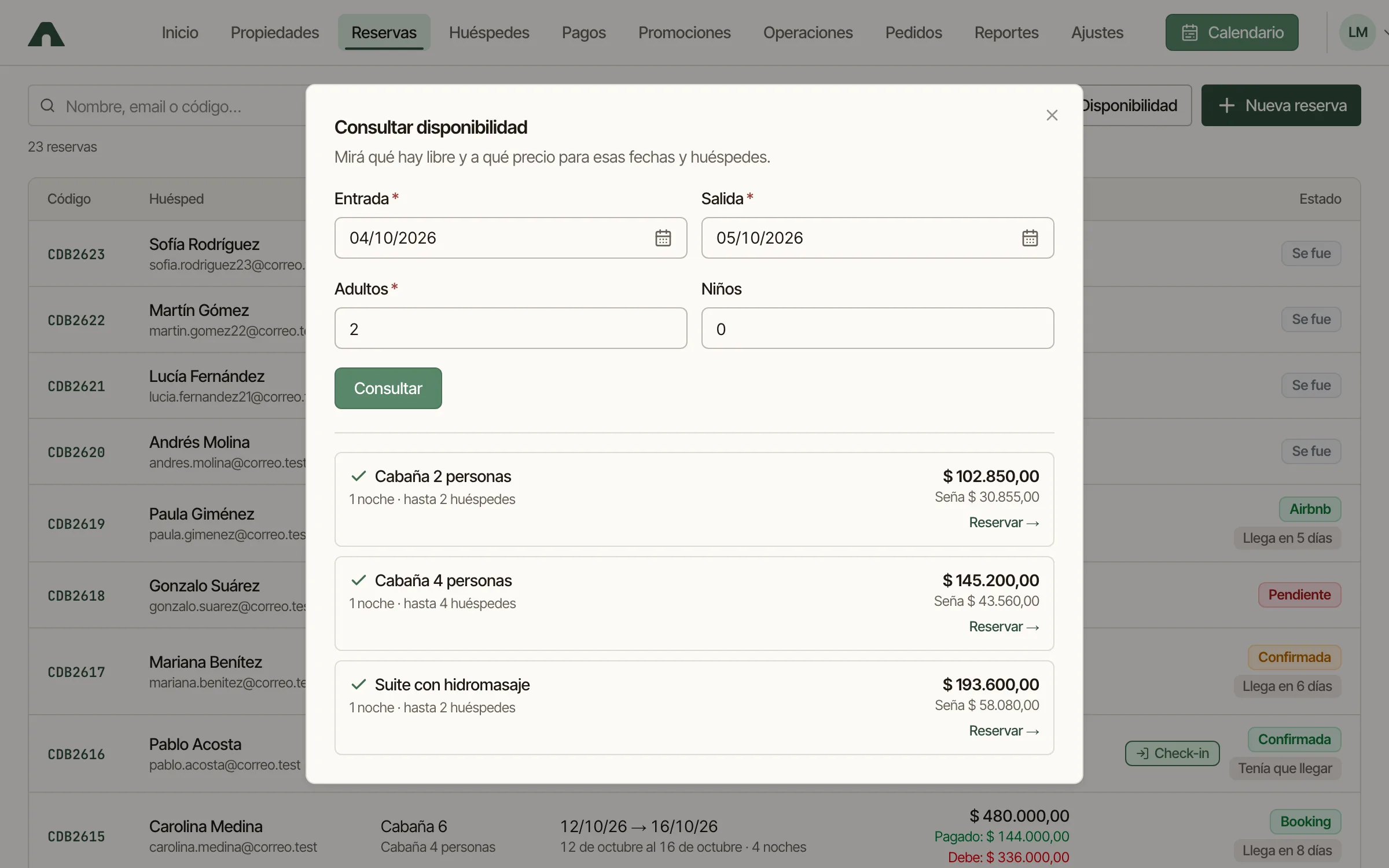 Buscador de disponibilidad con resultados