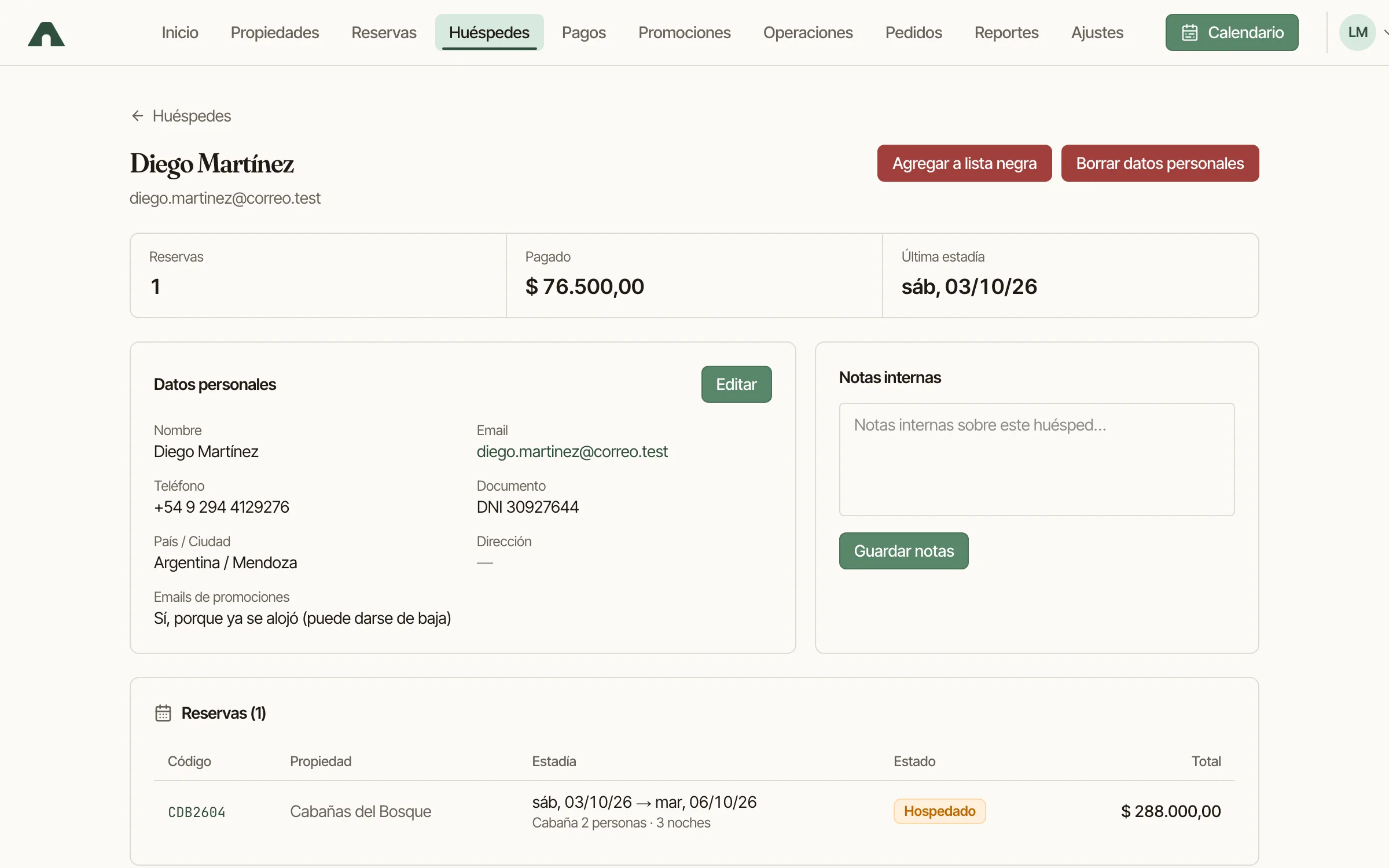 Ficha de un huésped con su historial