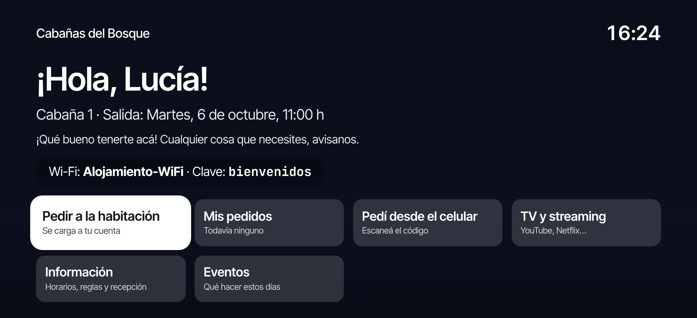 Pantalla personalizada en la TV de la habitación