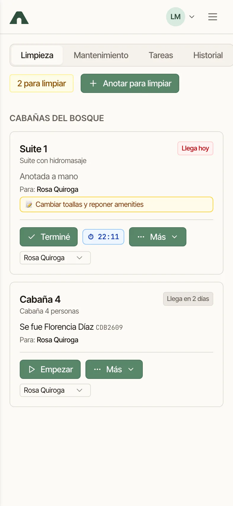 Lista de limpiezas en el celular, con el botón para empezar y terminar cada una